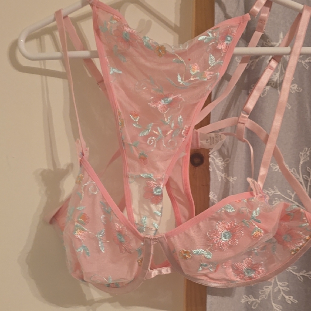 SHEIN Pink Sheer Floral Embroidered Bra